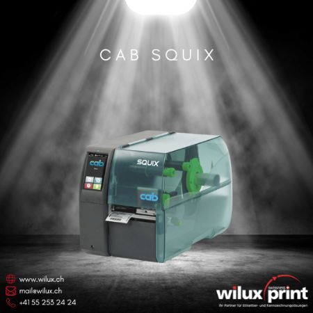 CAB SQUIX Etikettendrucker, unterstützt Thermodirekt- und Thermotransferdruck sowie RFID, ideal für industrielle Kennzeichnungslösungen mit hoher Präzision und Zuverlässigkeit.