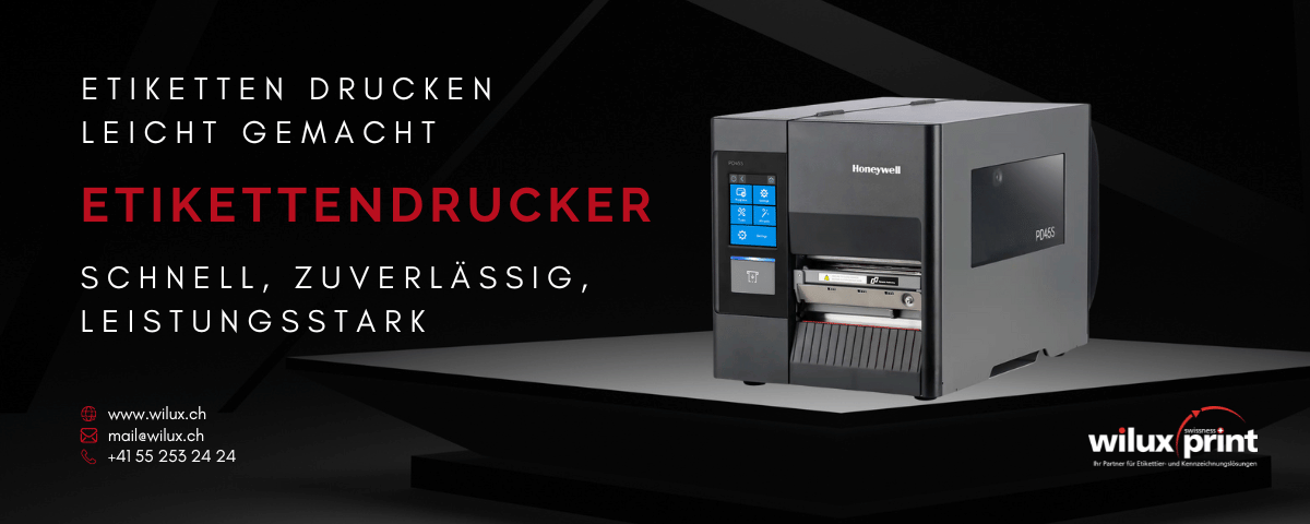 Der Honeywell PD45S Etikettendrucker neben dem Text „Etiketten drucken leicht gemacht – Schnell, Zuverlässig, Leistungsstark“. Ideal für präzises Labeling in Industrie, Handel und Logistik.