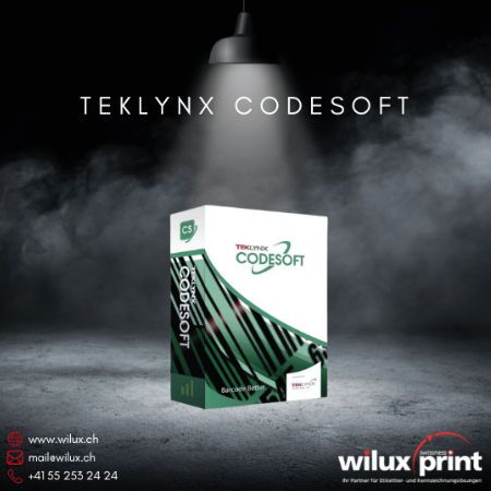 TEKLYNX CODESOFT Box in einem stimmungsvollen, beleuchteten Setting, symbolisiert fortschrittliches Etikettendesign und Druckverwaltung mit RFID-Integration und umfassender Barcode-Unterstützung.