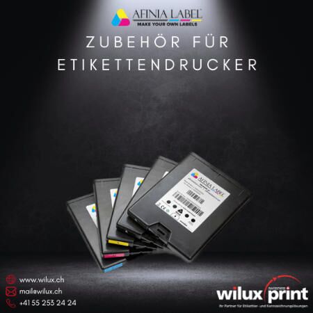 Fünf Tintenpatronen für Afinia Etikettendrucker in verschiedenen Farben, ideal zur Optimierung von Druckprozessen und für qualitativ hochwertige Etikettendrucke.
