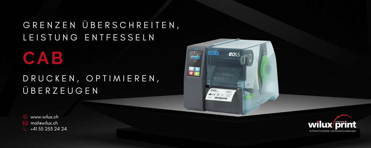 cab EOS5 Etikettendrucker in Nahaufnahme, ein vielseitiges Gerät für den Thermodirekt- und Thermotransferdruck, ideal für den industriellen Einsatz und effiziente Produktionsprozesse.