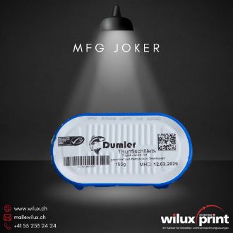 Anwendungsbeispiel für die Direktbeschriftung auf Metall: Eine Dose Thunfischfilets, die mit dem hochauflösenden Piezo Drucker Joker einen dauerhaften Barcode, QR-Code und ein MHD erhalten hat.