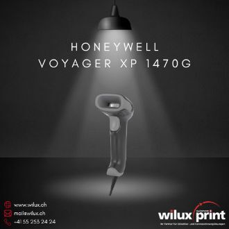 Der Honeywell Voyager XP 1470g Barcode Scanner steht beleuchtet auf einem dunklen Hintergrund. Ideal für den Einzelhandel und die Lagerlogistik, bietet er präzises und effizientes Scannen.
