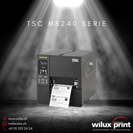 TSC MB240 industrieller Etikettendrucker, unterstützt Thermodirekt- und Thermotransferdruck, kompakt und vielseitig, optimiert für hohe Druckqualität und flexible Anwendung in verschiedenen Branchen.