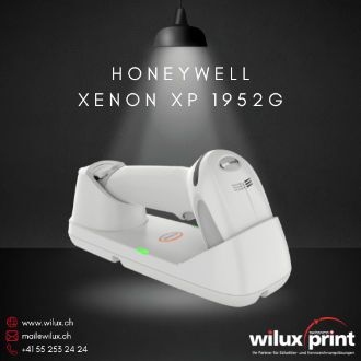 Honeywell Xenon XP 1952g (End of Life) in Weiss auf der Basisstation – kabelloser Barcode-Scanner für Einzelhandel und Logistik. Nachfolger: Honeywell Xenon Ultra 1962g.