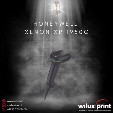 Honeywell Xenon XP 1950G Barcode Scanner auf einer beleuchteten Plattform, dargestellt als robuste und präzise Scanning-Lösung für Einzelhandel, Logistik und Gesundheitswesen.
