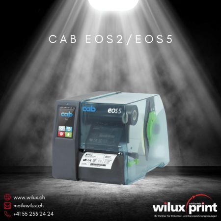Etikettendrucker CAB EOS2/EOS5, industrieller Thermodirekt- und Thermotransferdrucker für effiziente Etikettierlösungen, unterstützt Rollen bis 203 mm Durchmesser, ideal für Industrie, Handel und Logistik.