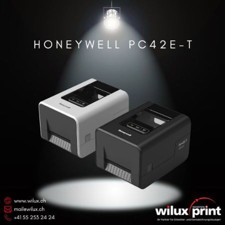 Thermodirekt- und Thermotransferdrucker Honeywell PC42E-T unterstützt beide Druckverfahren, 4-Zoll Desktop-Etikettendrucker in schwarzer und weisser Ausführung mit 203/300 dpi Auflösung