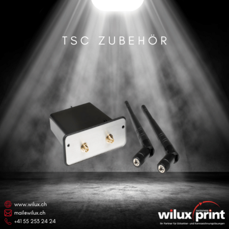 TSC Wi-Fi Modul zur kabellosen Anbindung von Etikettendruckern, bestehend aus einem Wi-Fi Modul und zwei Antennen, optimiert für eine nahtlose Integration und verbesserte Druckeffizienz.