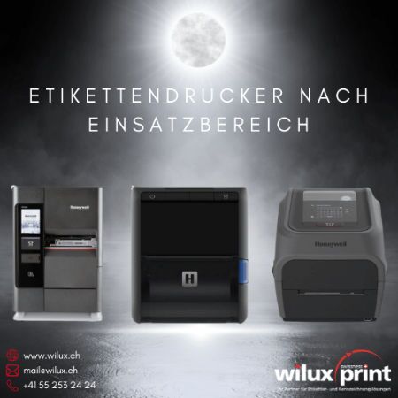 Drei Etikettendrucker von Honeywell: den PX940 links, den LNX3 in der Mitte und den PC45 rechts. Diese Drucker eignen sich für verschiedene Einsatzbereiche in Industrie, Handel und Logistik.