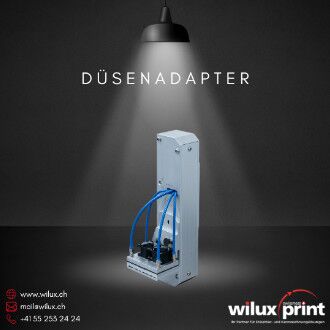 Düsenadapter DA der PAS42xx Etikettieranlage — berührungsloser Durchlauf-Applikator für pneumatisches Aufschiessen ohne Produktstopp