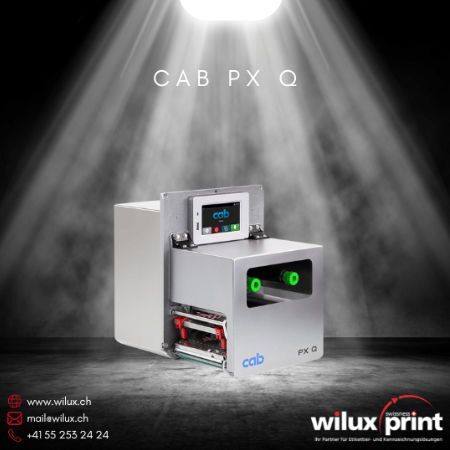 Industrie-Druckmodul CAB PX Q, Thermodirekt- und Thermotransferdrucker, ideal für vollautomatische Etikettierungslösungen in anspruchsvollen Produktionsumgebungen mit flexibler Materialhandhabung und hoher Präzision.