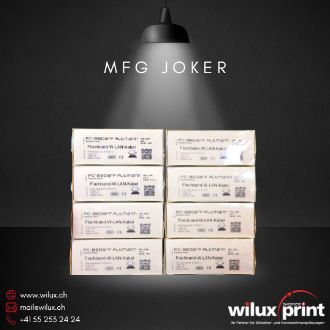 Anwendungsbeispiel für die Logistik: Mehrere Kartons für WLAN-Kabel, die direkt mit dem hochauflösenden Piezo Drucker Joker beschriftet wurden.