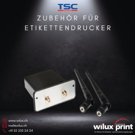 Wi-Fi Modul für TSC Etikettendrucker, bestehend aus einem schwarzen Modul und zwei Antennen für die kabellose Netzwerkverbindung.