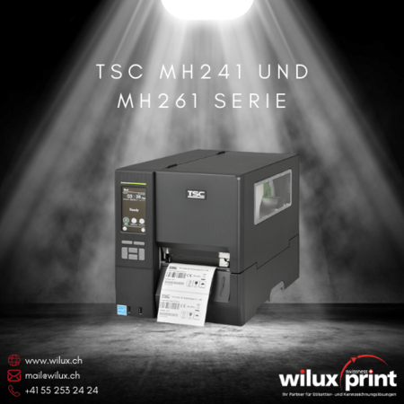 TSC MH241 und MH261 Serie Industriedrucker, unterstützt Thermodirekt- und Thermotransferdruck, ausgestattet mit TSC Sense Care-System und umfangreicher Konnektivität, ideal für hochvolumige Druckanforderungen.