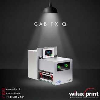 cab PX Q Druckmodul mit 6-Zoll-Druckbreite für automatisierte industrielle Etikettierung, unterstützt Thermotransfer- und Thermodirektdruck.