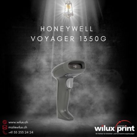 Honeywell Voyager 1350G Barcode Scanner auf einer beleuchteten Plattform, mit WILUX PRINT Logo, beschrieben als vielseitige und robuste Scanning-Lösung für Einzelhandel und Gesundheitswesen.