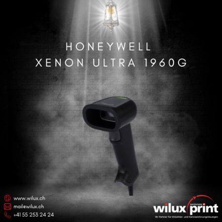 Honeywell Xenon Ultra 1960G Barcode Scanner auf einer beleuchteten Plattform, ideal für Einzelhandel und Gesundheitswesen, bietet fortschrittliche Scanning-Leistung und Robustheit.