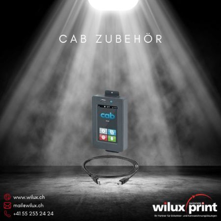 Externes Bedienfeld für cab Etikettendrucker mit Kabel, zur verbesserten Zugänglichkeit und Steuerung, optimiert für industrielle Anwendungen.