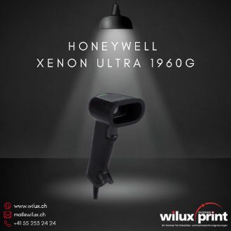 Frontale rechte Seitenansicht des Honeywell Xenon Ultra 1960g – Nachfolger des Xenon XP 1950g (End of Life). Schnelle und präzise Barcode-Erfassung für anspruchsvolle Umgebungen.